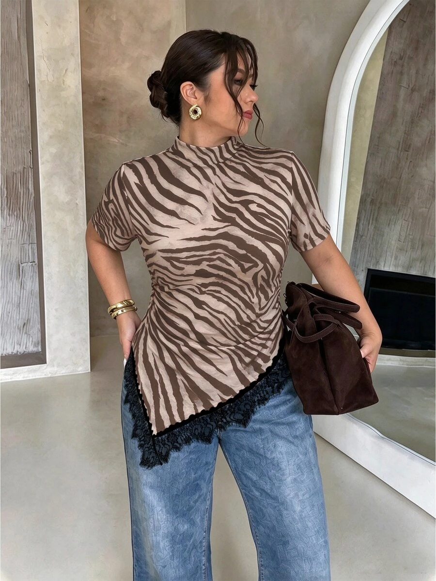 Firerie Casual Retro Zebra Print Plus Size Short Sleeve Lace T-Shirt, Suitable For Summer, Music Festivals - Multicolor - View 1