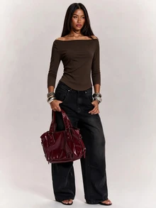SHEIN BAE Fall Clothes Winter Clothes Women's Solid Color Boat Neck Slim Fit Casual 3/4 Sleeve T-Shirt Fall Clothes For Women ,Summer, Winter Clothes Casual Top - Coffee Brown - View 5