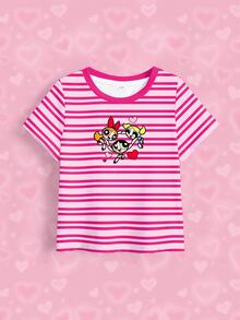 THE POWERPUFF GIRLS X SHEIN Young Girl Striped Cartoon Print Round Neck Short Sleeve Casual T-Shirt - White - View 4