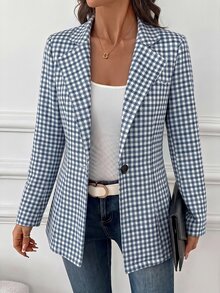 SHEIN Clasi 女款格紋翻領長袖休閒通勤西裝外套 - 淺藍色 - 查看 5