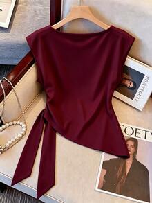 Resyla Women's Solid Color Pleated Casual Versatile Daily Wear Top - Burgundy - View 2