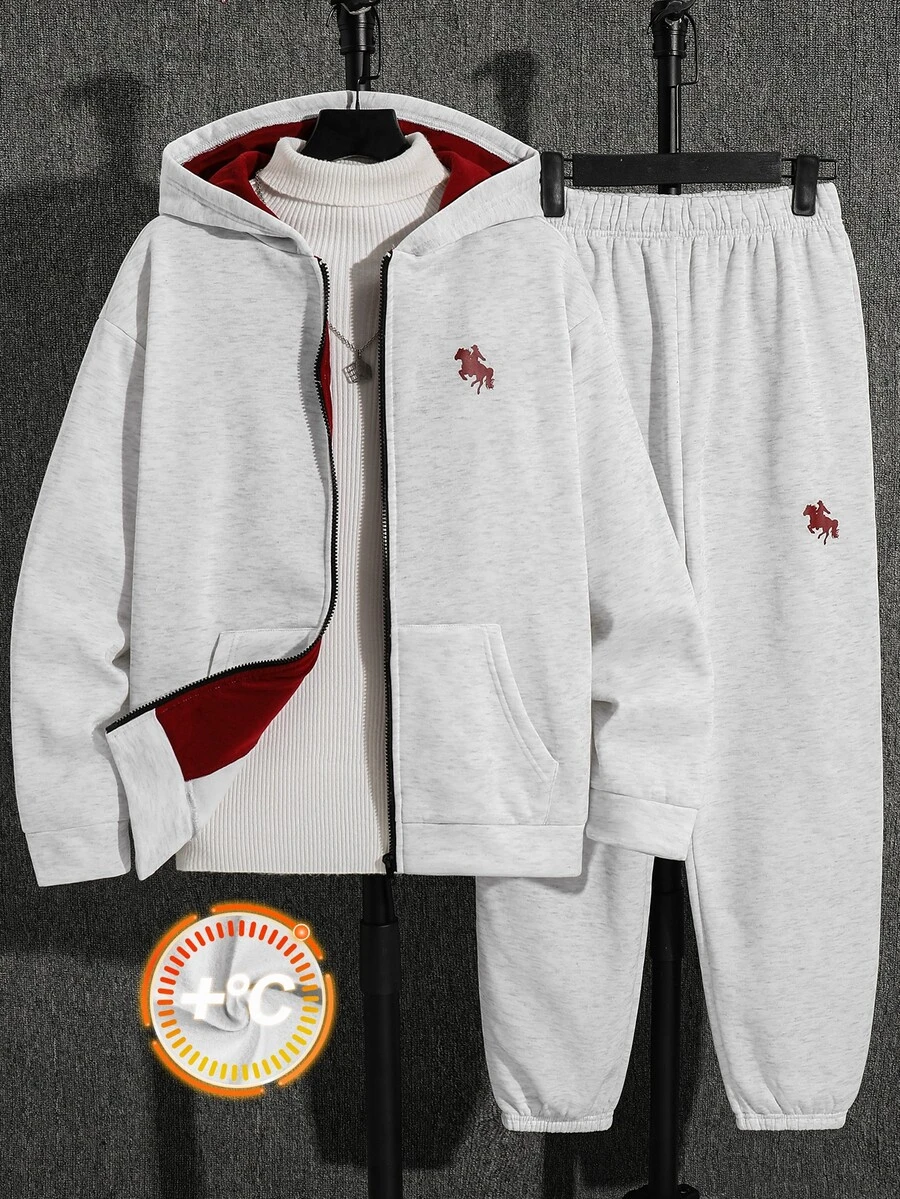 Teen Boy 2pcs Teen Boys Casual Pony Pattern Gray Color-Blocked Double-Layered Hooded Sweatshirt And Sweatpants Suitable For The Fall Back-To-School Season