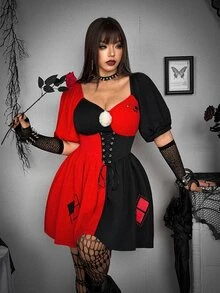 Whyspr Harley Quinn X SHEIN Plus Size Y2K Pom Pom Drawstring Contrast Color Dress - Red - View 4