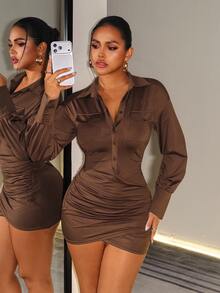 BamGleam Women's Solid Color Long Sleeve Single-Breasted Pleated Fitted Short Dress - Brown - View 1