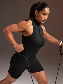Powerista Women's Solid Color Zipper Half-Placket Sleeveless Athletic Romper - Black - View 6