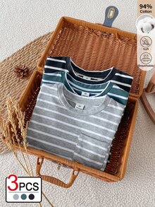 SHEIN 3pcs/Set Boys Striped T-Shirt, Autumn/Winter Base Layer - Multicolor - View 1