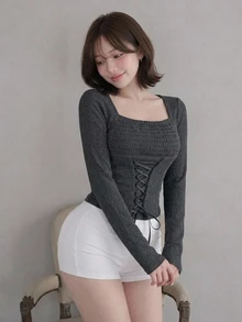 FRIFUL Women's Solid Color Square Neck Long Sleeve Waist Tie Design Casual T-Shirt - Black - View 6