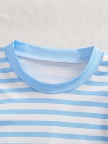 SHEIN Vintaside Kids 2pcs Baby Boys Retro Brown Striped Long Sleeve T-Shirt & Corduroy Bib Pants Overalls Set - Blue - View 3