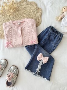 Vintaside Kids 2件組幼女針織開襟衫與喇叭牛仔褲套裝，可愛粉藍配色，麻花編織蝴蝶結蕾絲飾邊，長袖圓領，生日派對秋季假期公主風舒適款 - 粉色 - 查看 5