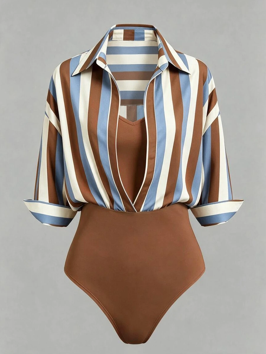 Olithes Women's Vintage 2 In 1 Colorblock Striped Elegant Lapel Bodysuit - Coffee Brown - View 1