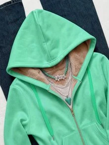 Flirla 女款修身美式復古針織彈性連帽保暖內裡長袖口袋運動衫 - 綠色 - 查看 4