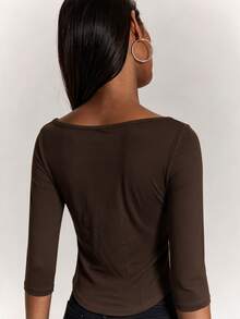 SHEIN BAE Fall Clothes Winter Clothes Women's Solid Color Boat Neck Slim Fit Casual 3/4 Sleeve T-Shirt Fall Clothes For Women ,Summer, Winter Clothes Casual Top - Coffee Brown - View 7