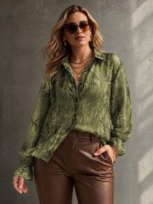 Ceyna Plus Size Lightweight Fabric Snake Print Long Sleeve Shirt - Olive Green - View 3