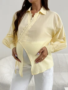 SHEIN قميص كاجوال متعدد الاستخدامات للارتداء اليومي بلون موحد للحوامل - أصفر - مشاهدة 3