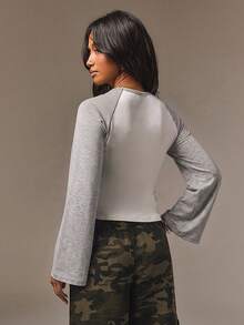 Athîral Women's Casual Round Neck Colorblock Raglan Sleeve Waist-Cinched T-Shirt - Multicolor - View 2