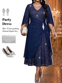 Fleurora Plus Size Elegant Sequin Pleated Rhinestone Embellished Dress Fall - Navy Blue - View 6