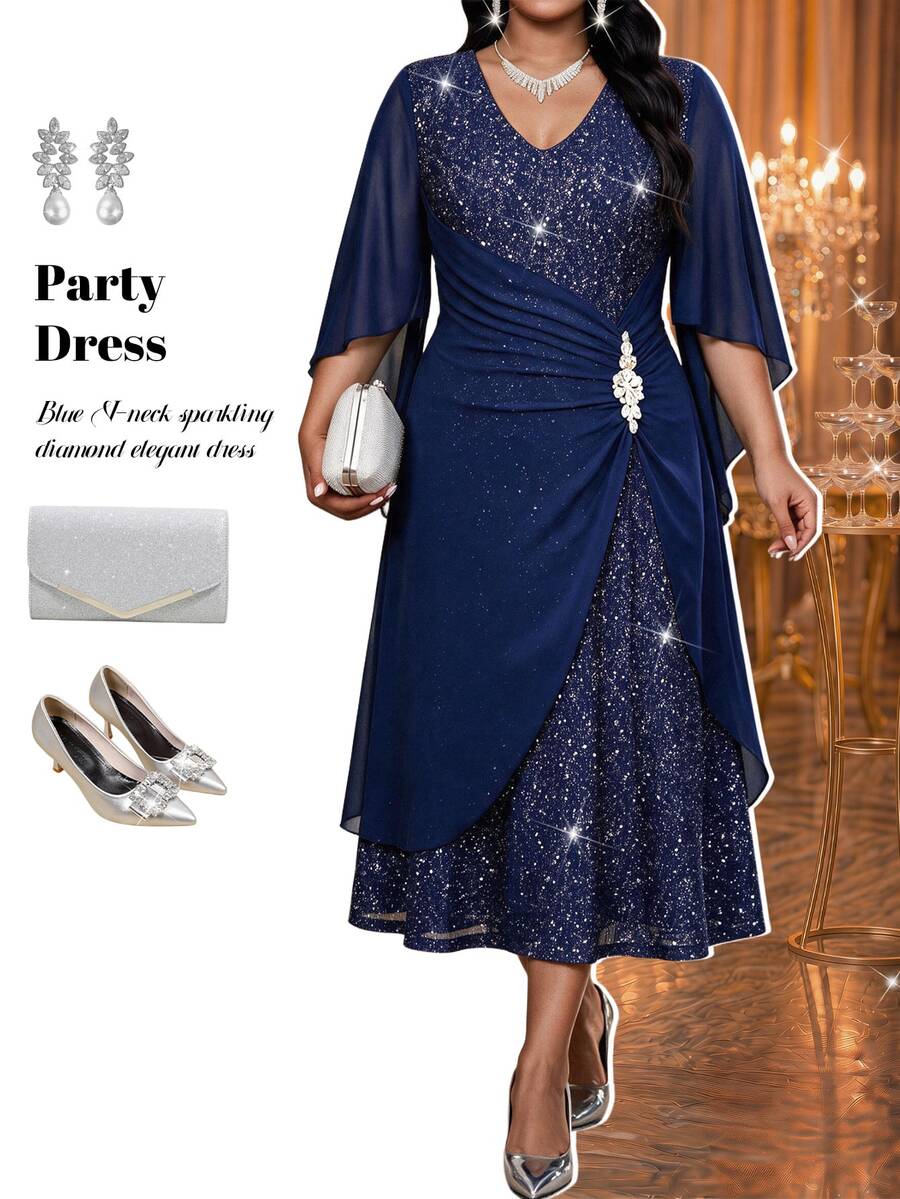 Fleurora Plus Size Elegant Sequin Pleated Rhinestone Embellished Dress Fall - Navy Blue - View 1