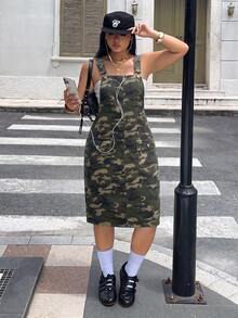 Rivivi Plus Size Women's Camouflage Casual Versatile Washed Denim Overall Dress - Multicolor - View 3