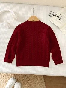SHEIN Kids Young Boy Knit Solid Color Cable Knit Crew Neck Casual Autumn Winter Sweater, Classic Stripes, Small Horse Logo - Burgundy - View 2