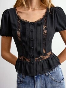 Willow Rêve Women's Black Lace Patchwork Round Neck Button-Down Short Sleeve Blouse - Black - View 4