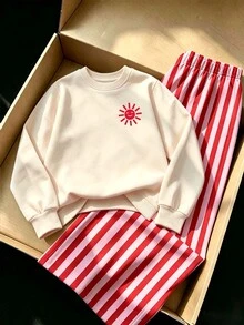 (1套) 嬰兒女童秋冬休閒可愛卡通太陽紅與洋紅色條紋圓領衛衣搭配寬腿褲 - 彩色 - 查看 2