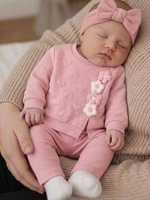 SHEIN 新生兒嬰兒 3D 花卉裝飾長袖上衣與長褲休閒日常套裝 - 粉色 - 查看 4
