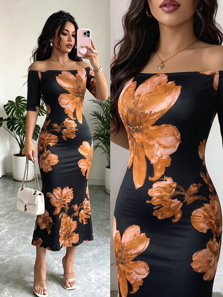 SHEIN Elenzya 女款復古花卉印花單肩魚尾禮服 - 彩色 - 查看 1