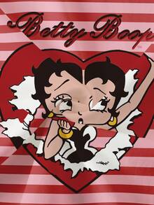 Betty Boop x SHEIN 女款字母條紋圓領落肩休閒T恤 - 白色 - 查看 6