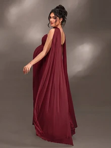 Cheriluna Maternity Elegant Ruffle Detail Solid Color Off-Shoulder Sleeveless Maternity Dress For Baby Shower, Christmas Party - Burgundy - View 6