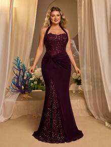 Glamrae Plus Size Elegant Burgundy Sexy Halter Neck Tie Lace Trim Neckline Luxury 3D Sequin Embroidery Sheer Fishbone Boning Waist Twist Fishtail Lace Faux Slit Design Suitable For Date Wedding Event Bachelorette Party Graduation Season Elegant Spring Summer Evening Gown Wedding Party Green Dress Women's Formal Evening Gown - Burgundy - View 6
