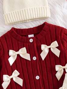 SHEIN Bộ váy sát nách cho bé gái kèm áo cardigan len đan nơ dễ thương và gấu bèo nhún - Đỏ - Xem 6