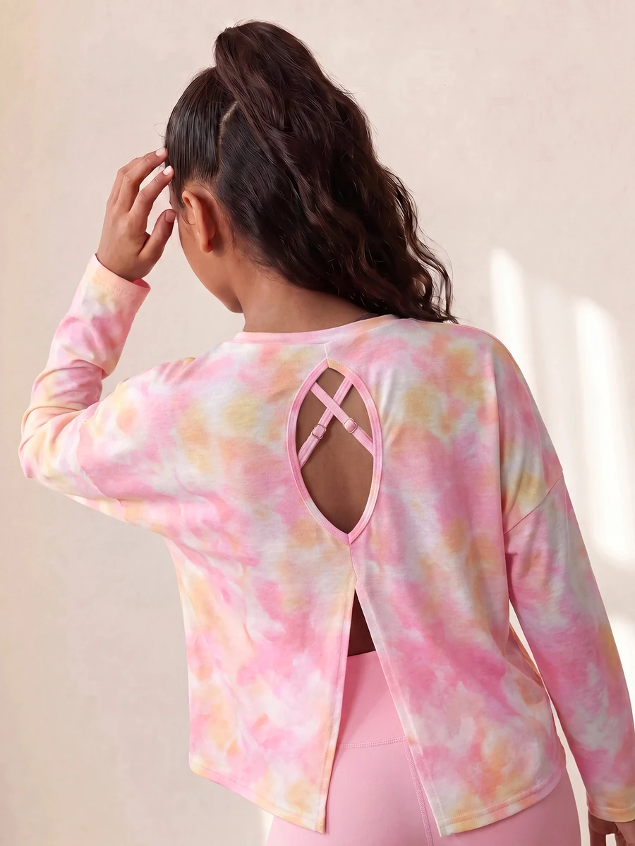 SHEIN 青少年女孩粉色與白色配色 背後交叉設計 一字領長袖上衣 純色細肩帶內搭褲 運動套裝 運動服 秋季 - 粉色 - 查看 1
