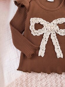 SHEIN 2pcs Set Envelope Collar Long Sleeve Top And Polka Dot Shorts - Coffee Brown - View 3