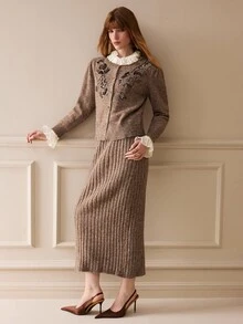 Arave Women Cardigan Skirt Set Slim Straight Knitted Floral Sequin Embroidery Button Front Ribbed Elegant Brown Floral Women's Set Fall Clothes For Women - Khaki - View 8
