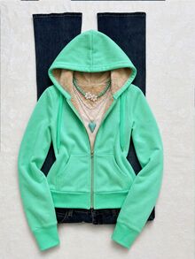 Flirla 女款修身美式復古針織彈性連帽保暖內裡長袖口袋運動衫 - 綠色 - 查看 3