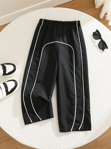 SHEIN 小男孩休閒日常百搭舒適拼接撞色芽苗抽繩寬鬆直筒梭織長褲 - 黑色 - 查看 5