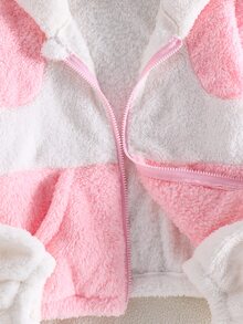 SHEIN 1件女童韓系溫柔風毛絨連帽外套，拼色寬鬆珊瑚絨休閒外套，適合上學、通勤、購物與旅行，秋冬款 - 彩色 - 查看 5