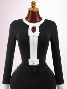 Mistrie Women's Colorblock Casual Cute Elegant Versatile Daily Outing Cardigan Everyday Date Black And White - Black and White - View 6