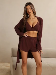 HautHeat Conjunto de ropa de estar en casa para mujer con bata de manga larga de color liso, camisola corta y pantalones cortos - Café integral - Ver 4