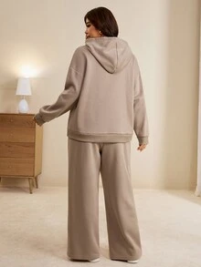 Edennvi Plus Size Women's English Letter Embroidered Ribbed Cuff Hoodie And Pants Khaki 2 Pieces Set, Suitable For Daily Home Wear - Khaki - View 2
