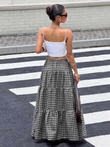 Muchica 女款棕色格紋百褶長裙，適合休閒日常穿著、度假穿搭、Y2K風格、返校造型及演唱會穿著 - 黑與白 - 查看 2