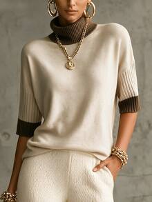 SHEIN New Spring Fall Sophisticated Turtleneck Knit Top Women Ribbed Cuff Elbow Sleeve Relaxed Straight Hem - Apricot - View 7