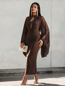 Eryvara Women's Solid Color Pleated Elegant Waist-Cinching Party Long Dress - Brown - View 3