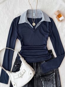 Teen Girls V-Neck Long Sleeve 2 In 1 Shirt Collar Fitted Knit T-Shirt - Navy Blue - View 3