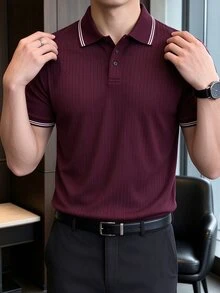 JOLTRO 男士半開襟鈕扣條紋短袖 Polo 衫 - 酒紅色 - 查看 4