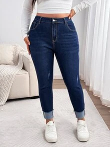 SHEIN CURVE+ Plus Size Women's Casual Daily Travel Denim Jeans With Pockets And Buttons - Blue - View 8