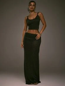 MUSERA Black Sheer Knit Low Rise Maxi Skirt Fall Autumn Winter Going Out Evening Sexy - Black - View 1
