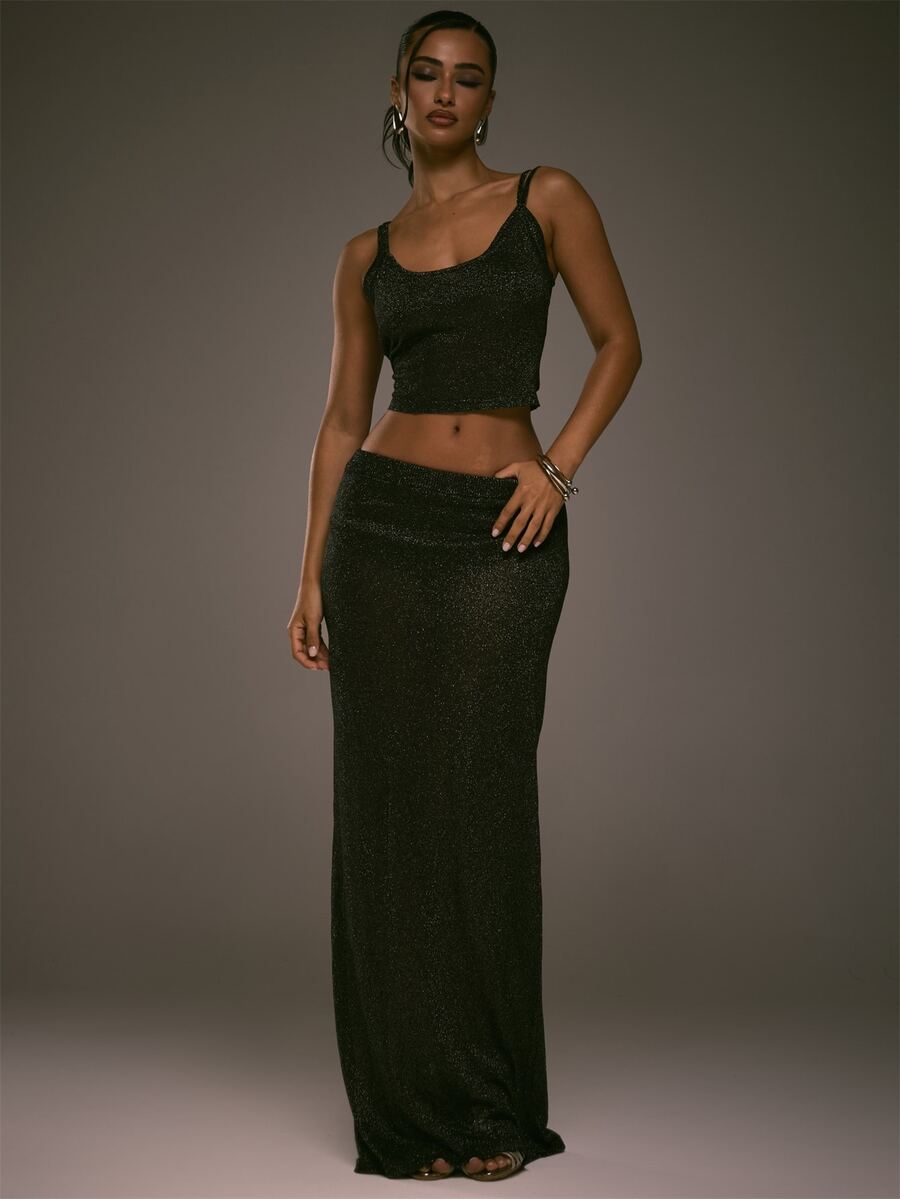 MUSERA Black Sheer Knit Low Rise Maxi Skirt Fall Autumn Winter Going Out Evening Sexy - Black - View 1