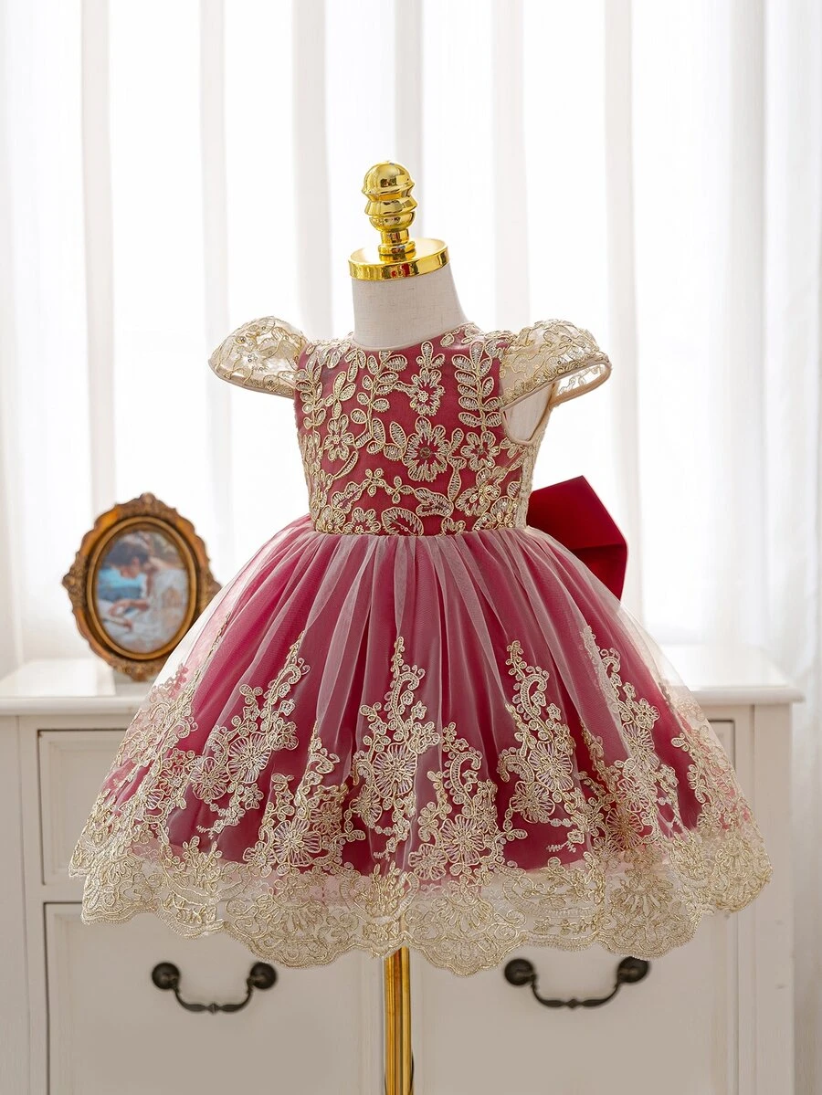 SHEIN Baby Girl Embroidered Tulle Heavy Work Party Dress Princess Gown - Burgundy - View 1