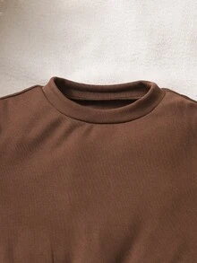 SHEIN 青少年女孩休閒格紋拼接長袖泡泡羊腿袖圓領前領結A字洋裝，秋冬款，柔軟時尚優雅 - 棕色 - 查看 6